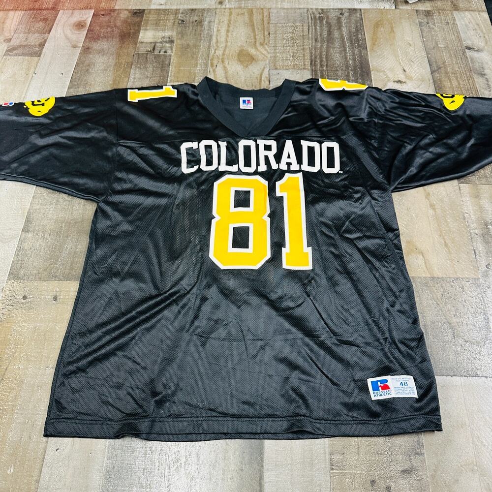 COLORADO BUFFALOES 81 Men Black VTG Nylon Football Jersey 48 Russell Athletic